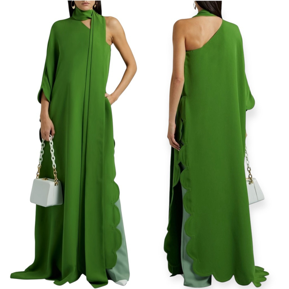 Valentino Dress NWT Onesleeve Scalloped Silk Crepe Gown Green Size 40 US 4 Small - Picture 2 of 9